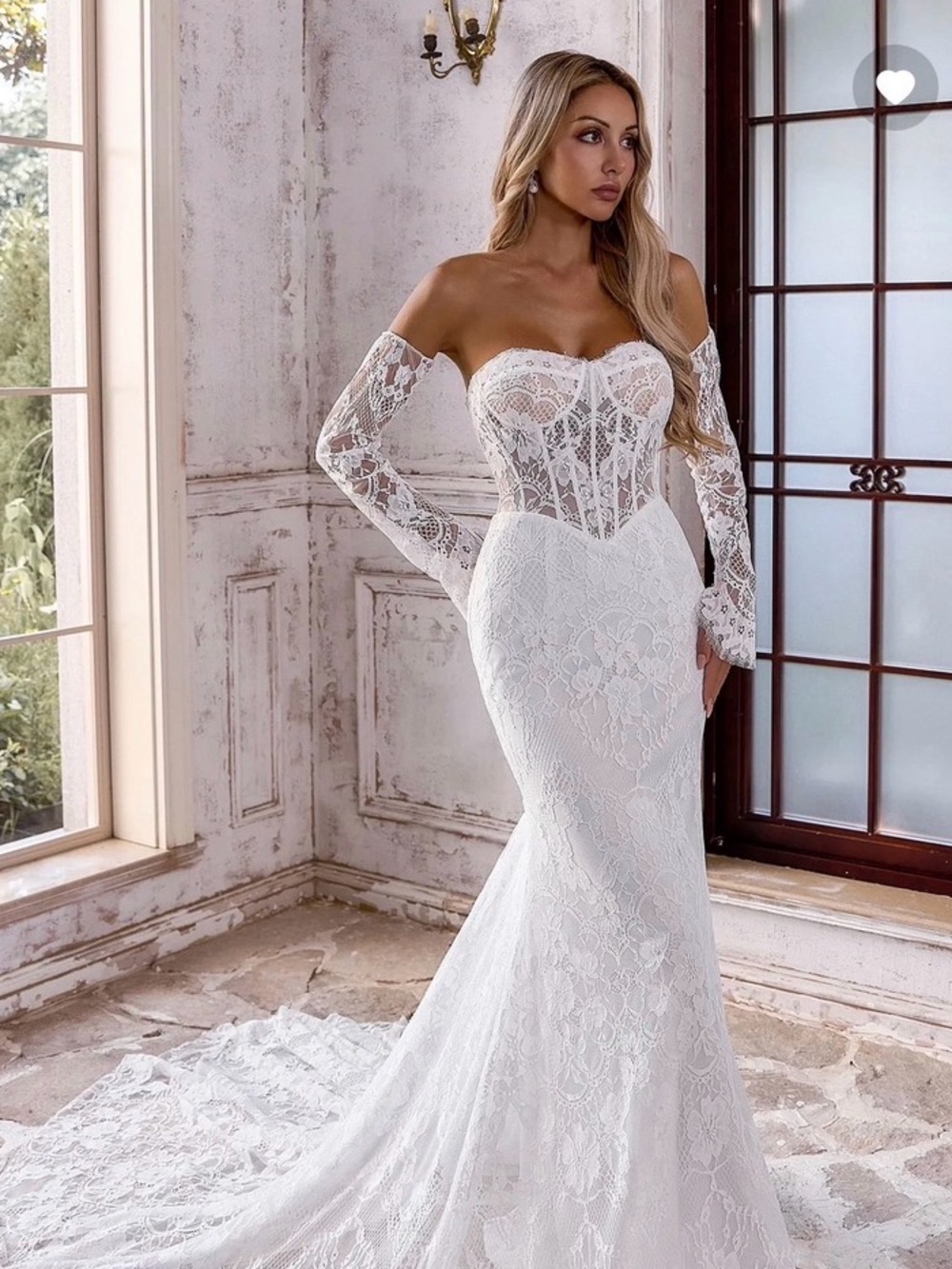 Off-Shoulder White Lace Mermaid Wedding Dress with sleeves, Size 6